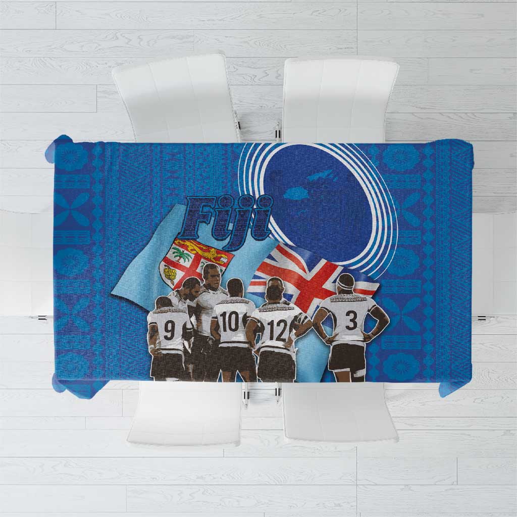 Blue Fiji rugby tablecloth with player silhouettes and medal graphic center
