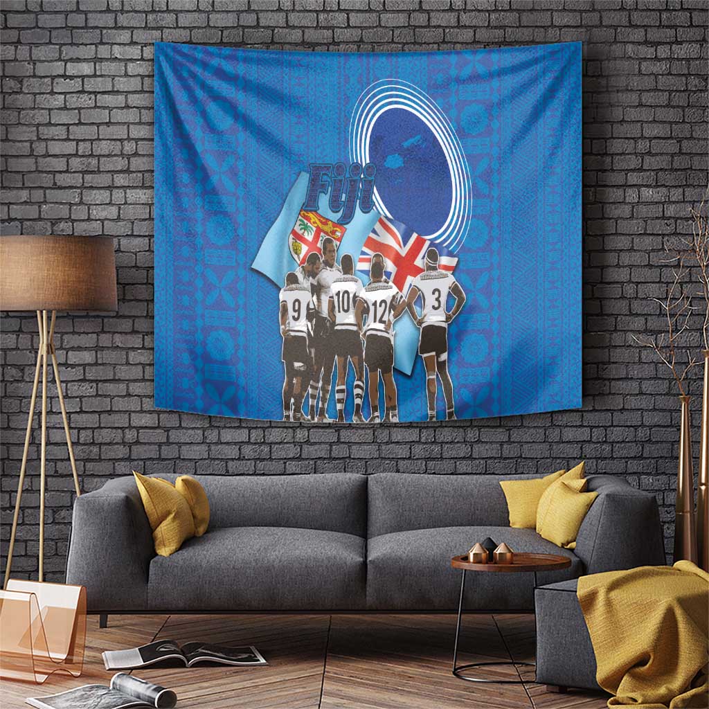 Blue rugby sevens commemorative tapestry featuring Fiji emblem, flag, and numbered player silhouettes