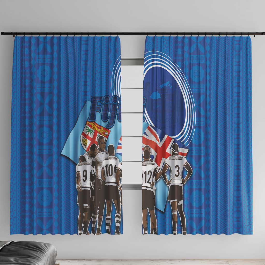 Blue rugby window curtain panels showing rugby players and Australia-style shield