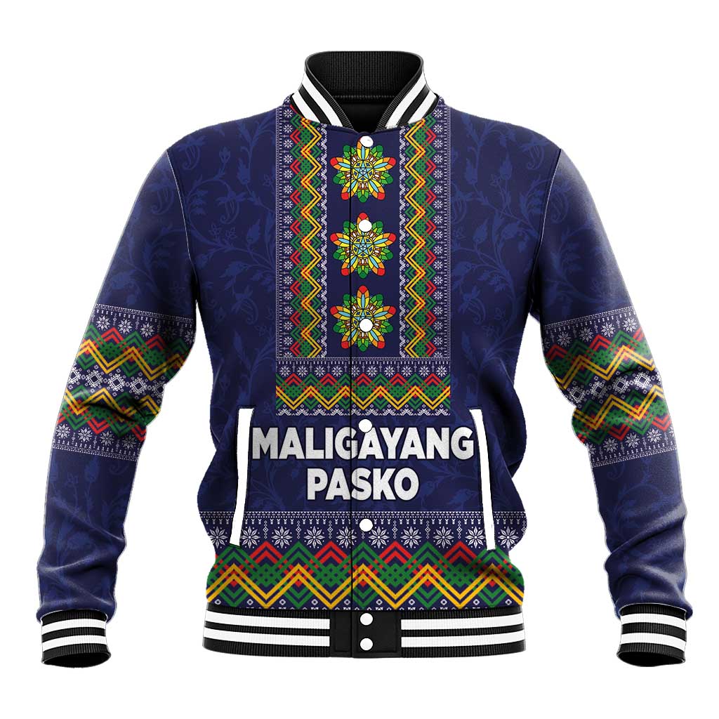 Blue unisex baseball jacket with colorful holiday front graphic and striped rib trim