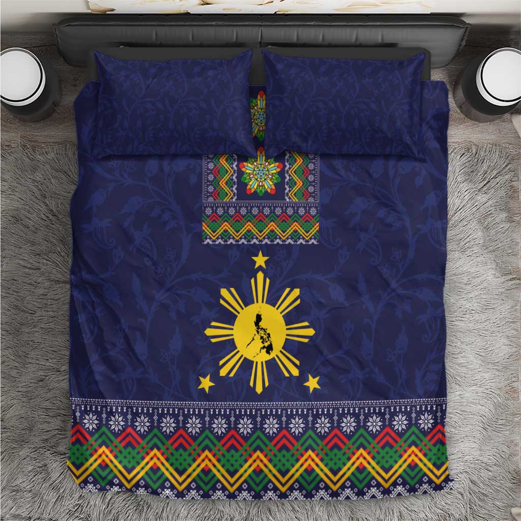 Blue Christmas bedding set with parol-style center motif, star sun, and colorful patterned border