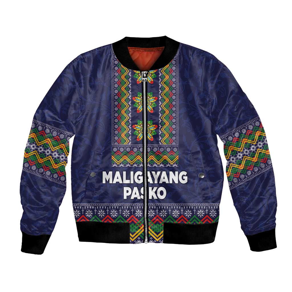 Unisex blue bomber jacket, zip front, 'Maligayang Pasko' holiday pattern