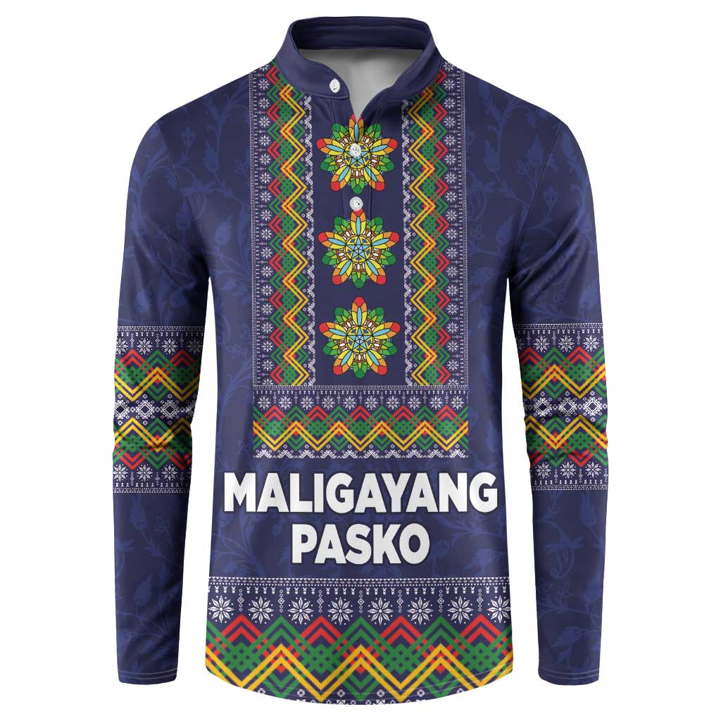 Blue barong-style button sweatshirt with Maligayang Pasko text and floral border