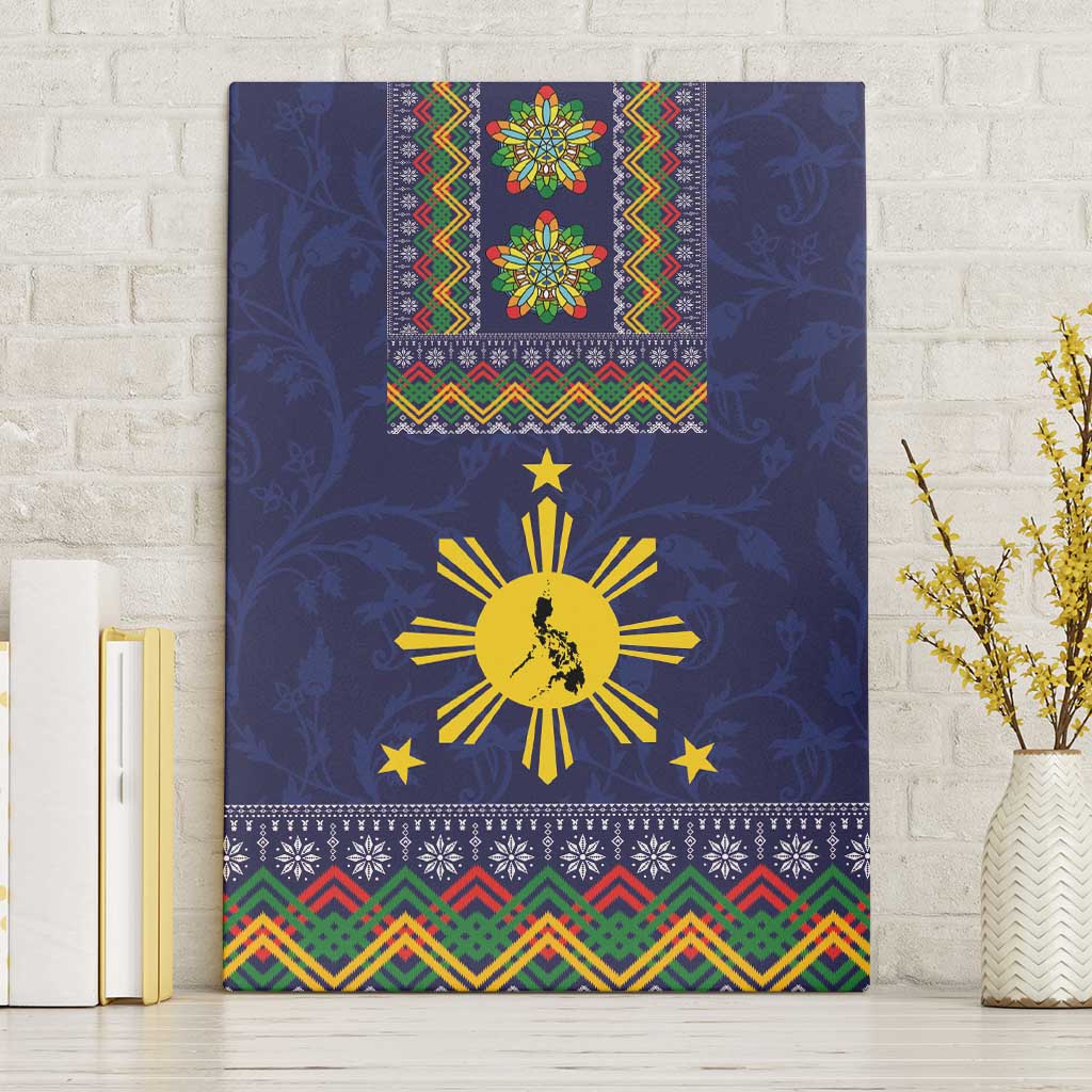 Blue Christmas canvas wall art with parol, ornaments, and colorful patterned border