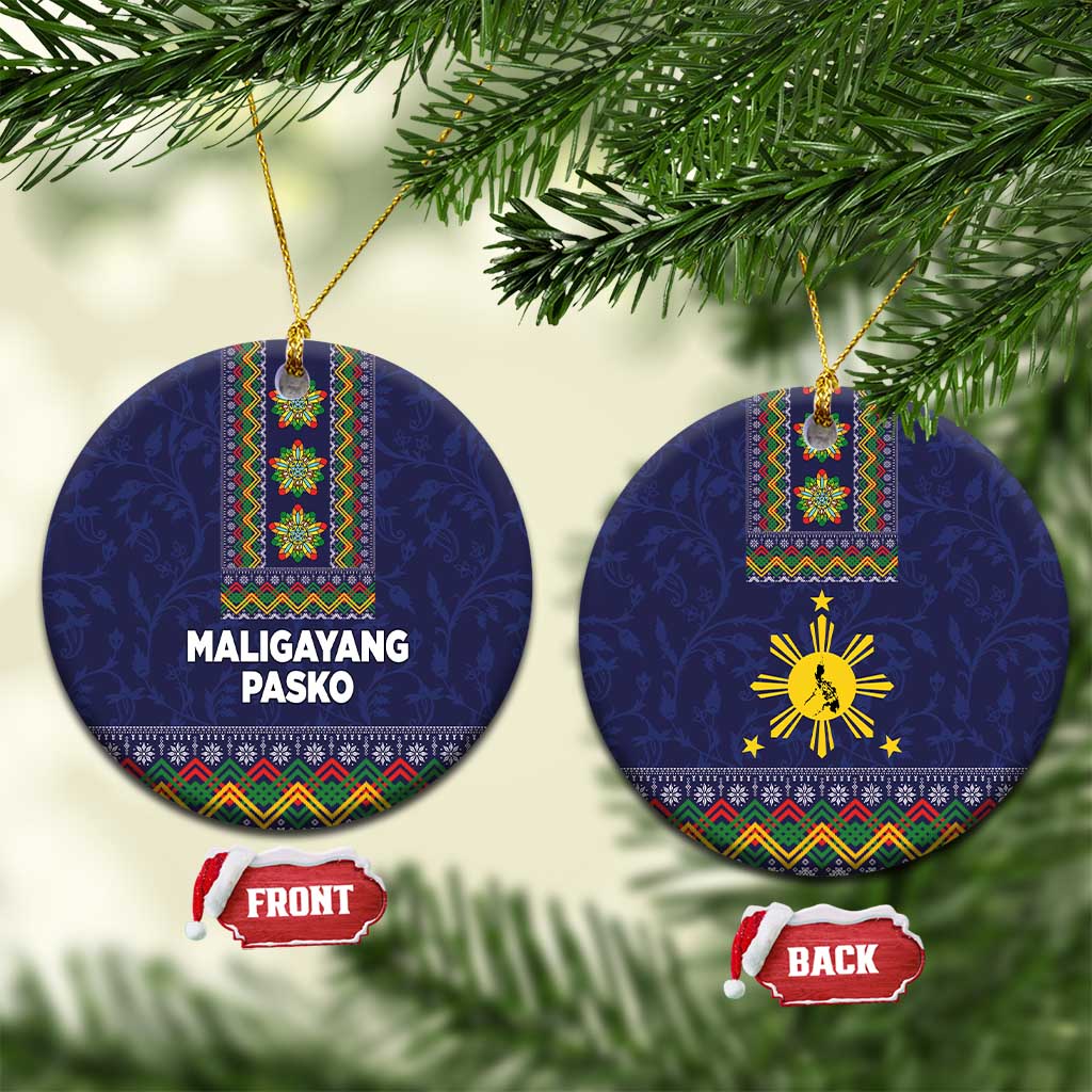 Blue round ceramic Christmas ornament with "Maligayang Pasko" and colorful parol design