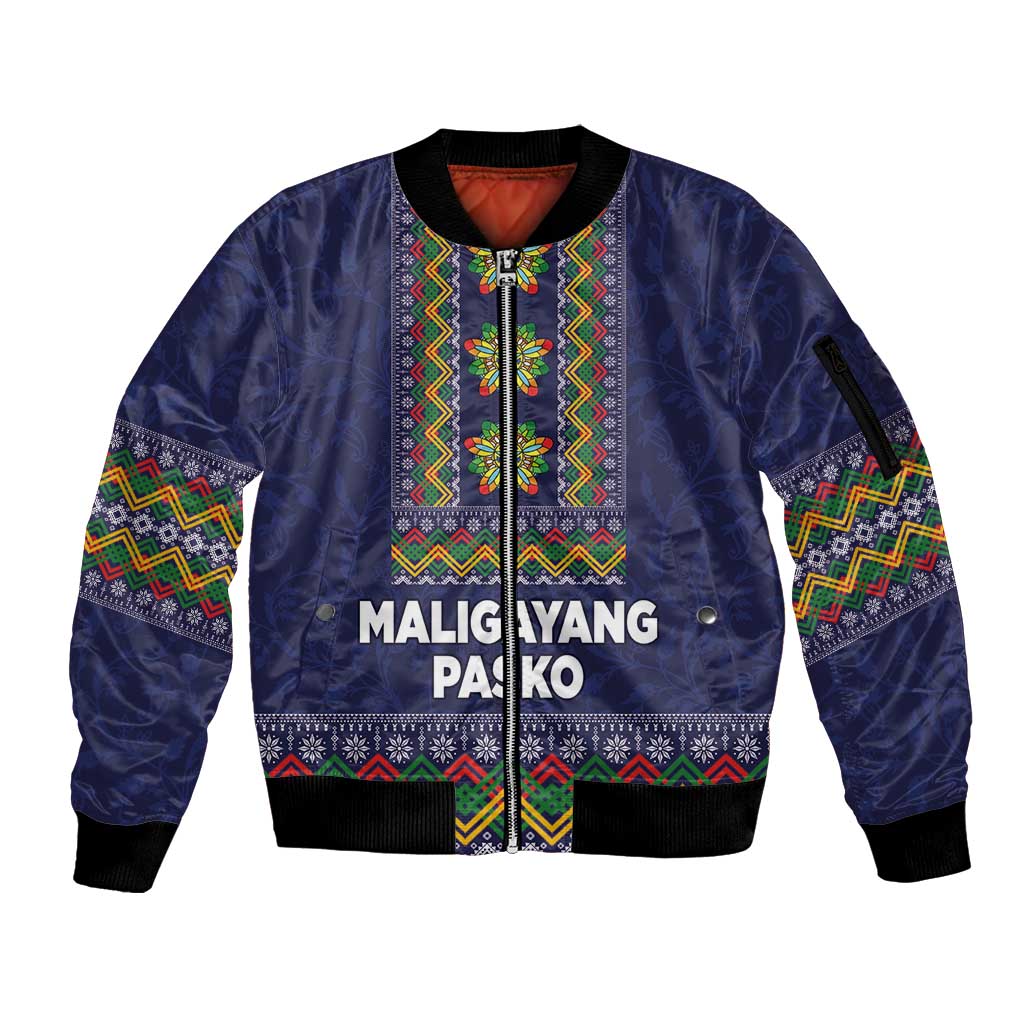 Blue unisex bomber jacket with full zip, ribbed cuffs, and colorful barong-style front