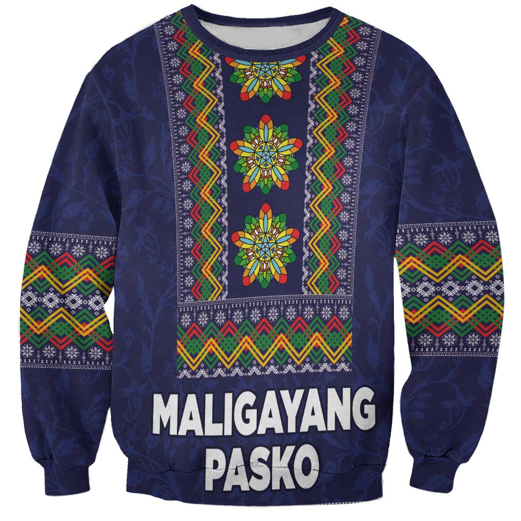 Unisex blue sweatshirt with barong-style Christmas pattern and 'Maligayang Pasko' text