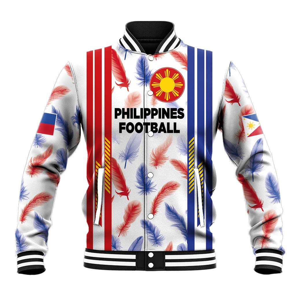 White varsity football jacket with red/blue stripes, Philippines Football graphic, snap front