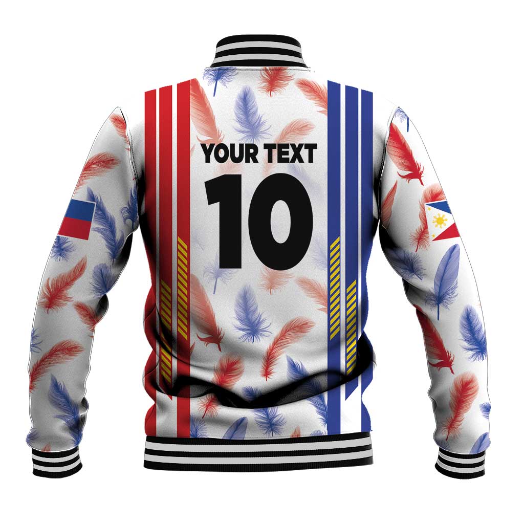 White varsity football jacket with red/blue stripes, Your Text and 10 on back, snap front