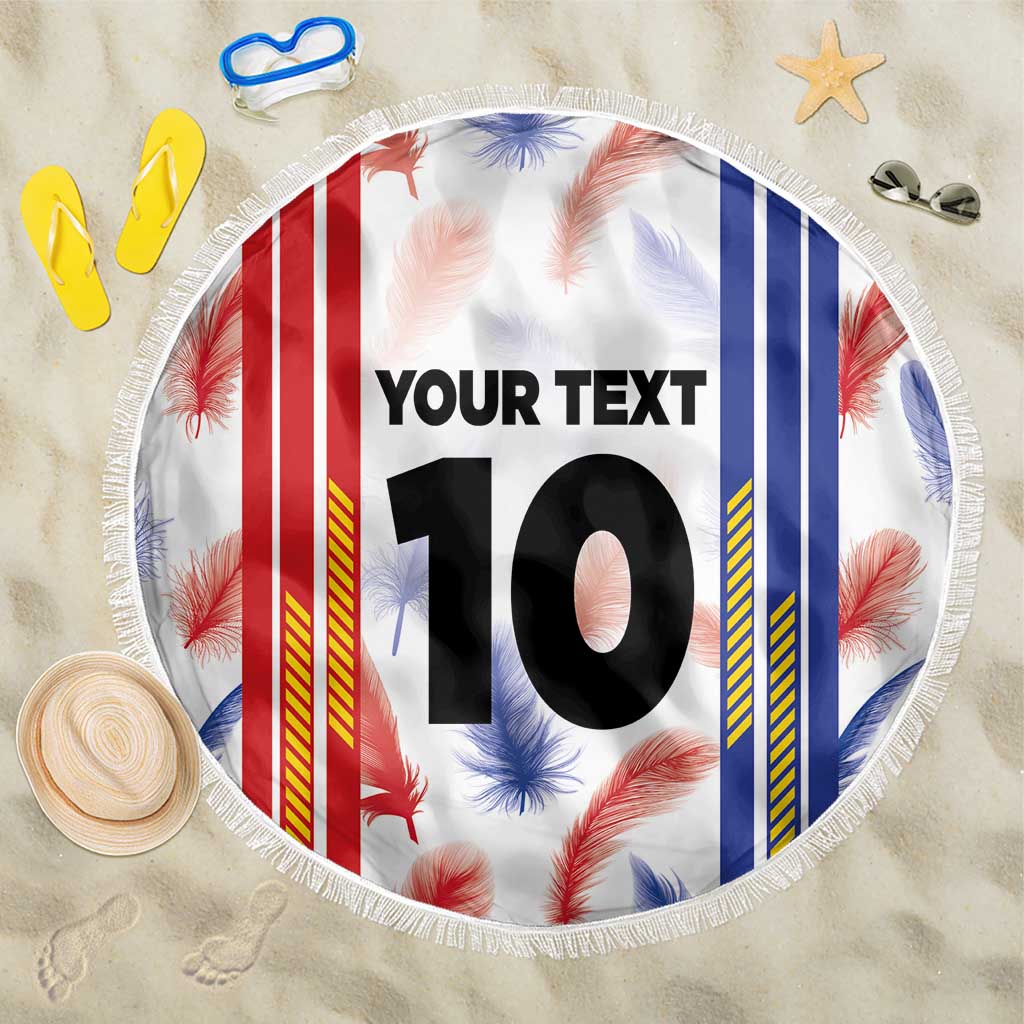Round beach blanket with Philippines stripe and floral print, 'YOUR TEXT' 10, white fringe border