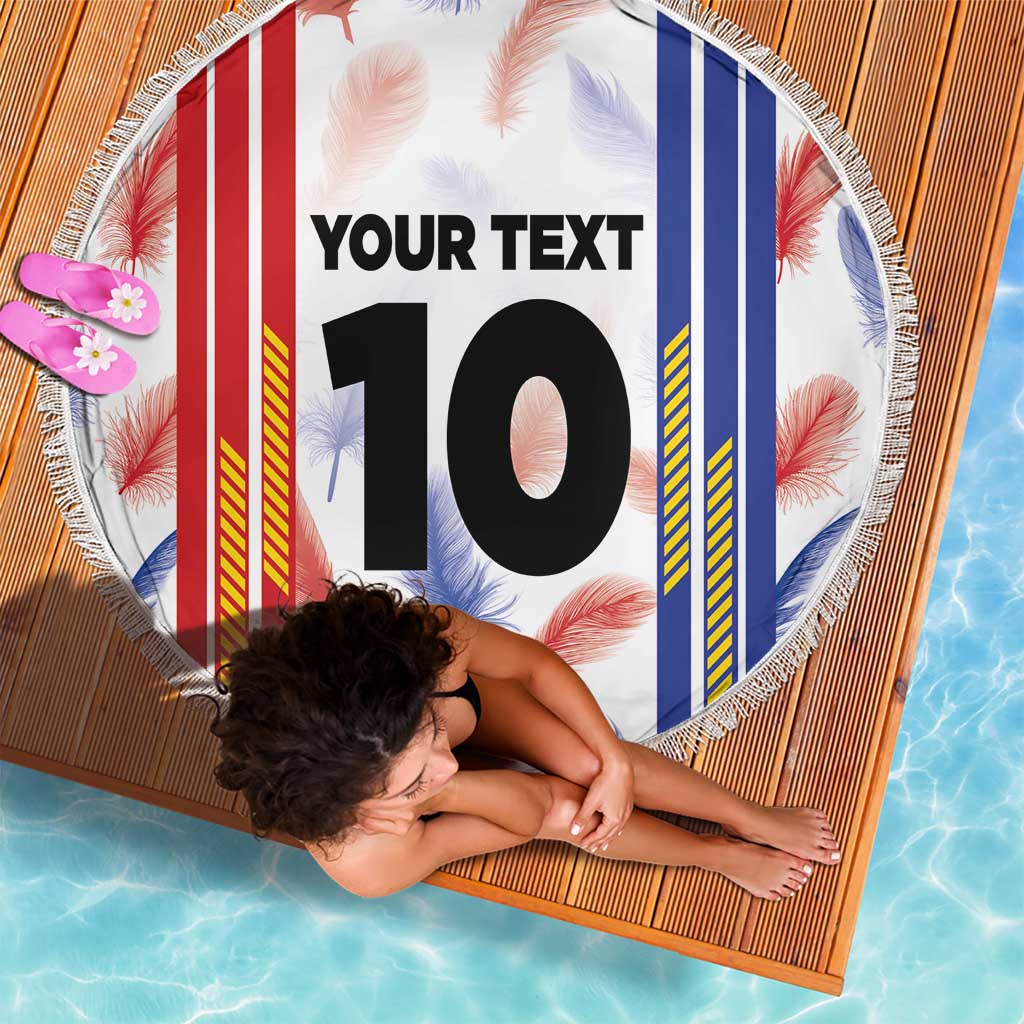 Round beach blanket with Philippines stripes, floral accents, 'YOUR TEXT' 10, white fringe border