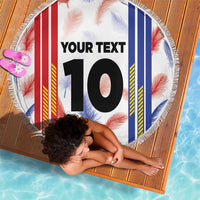 Round beach blanket with Philippines stripes, floral accents, 'YOUR TEXT' 10, white fringe border