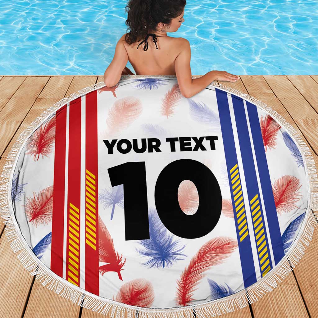 Round beach blanket showing Philippines stripes, floral print, 'YOUR TEXT' 10, white fringe border