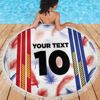 Round beach blanket showing Philippines stripes, floral print, 'YOUR TEXT' 10, white fringe border
