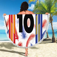 Round beach blanket held up with Philippines flag stripes, floral print, 'YOUR TEXT' 10, fringe trim