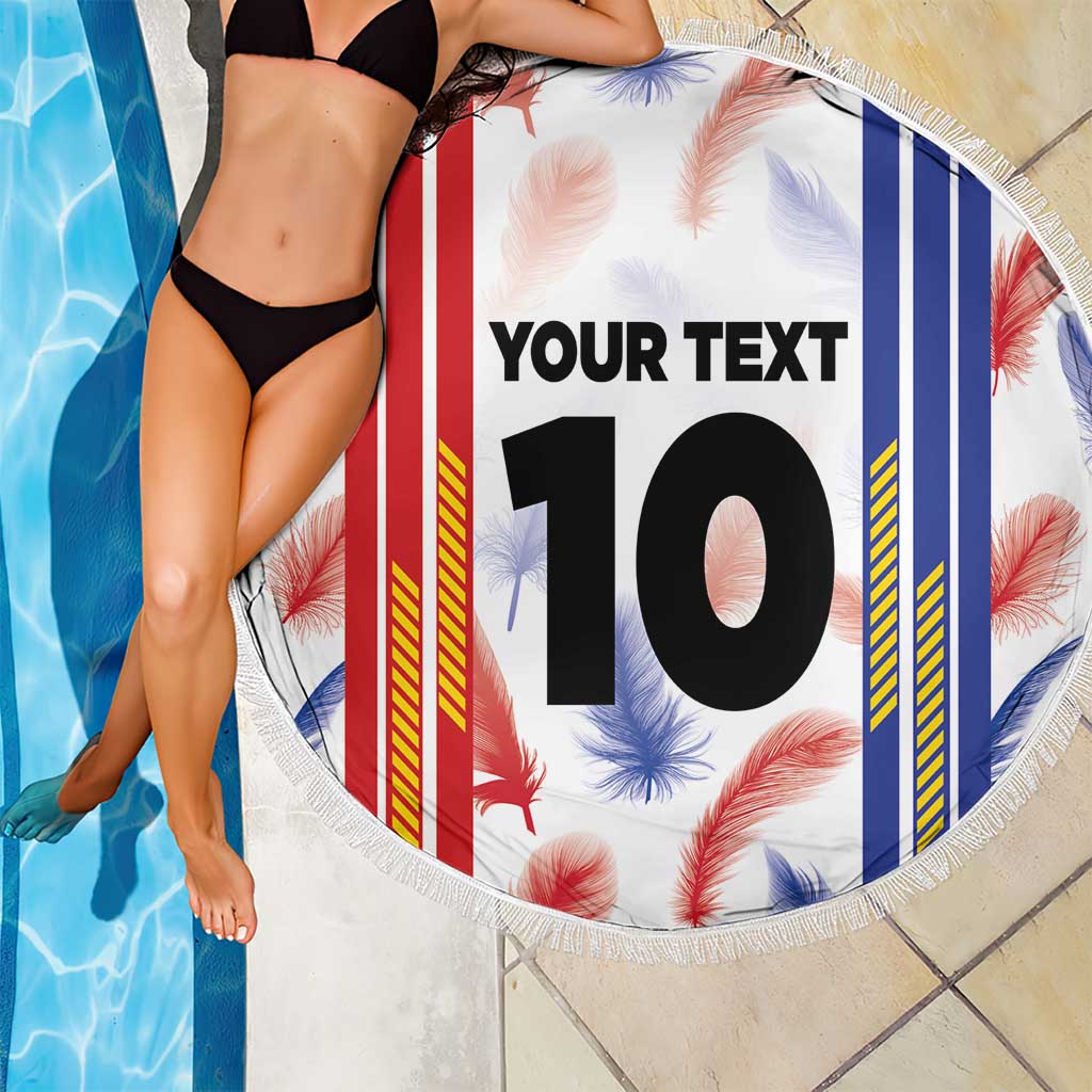 Round beach blanket with Philippines stripes and floral print, 'YOUR TEXT' 10, white fringe border