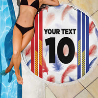 Round beach blanket with Philippines stripes and floral print, 'YOUR TEXT' 10, white fringe border