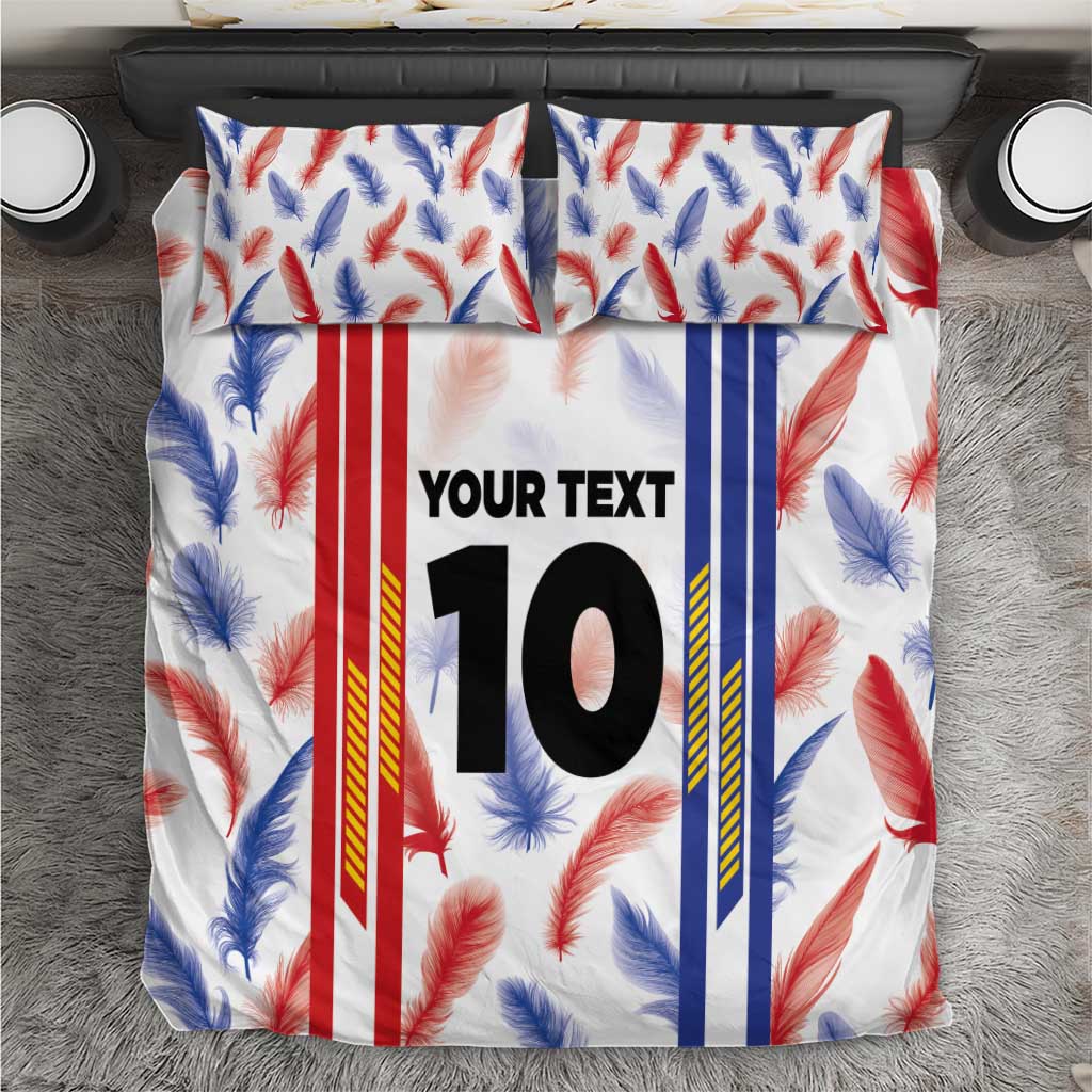 Flat view of duvet cover with feather print and vertical stripes, custom “YOUR TEXT” 10