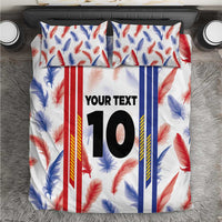 Flat view of duvet cover with feather print and vertical stripes, custom “YOUR TEXT” 10