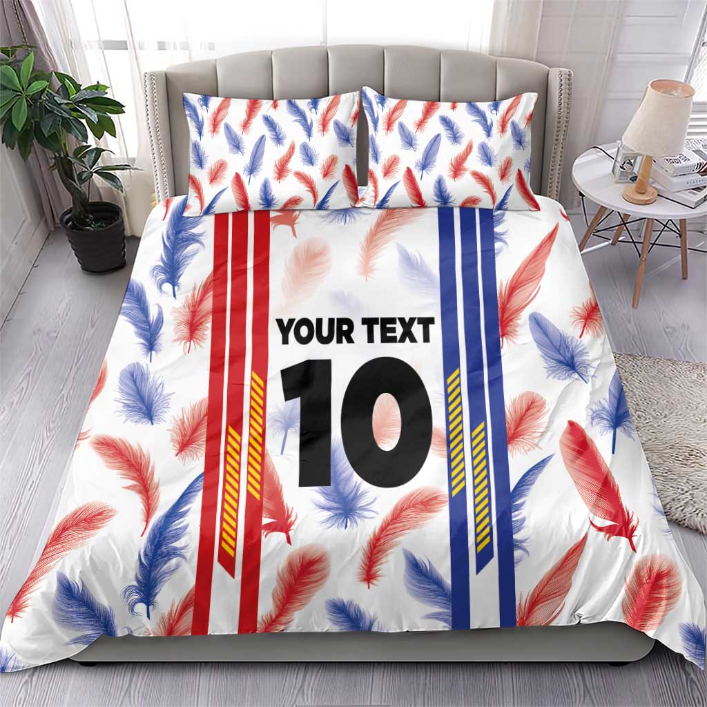 Duvet and pillowcases with white feather print and vertical stripe panels, custom “YOUR TEXT” 10