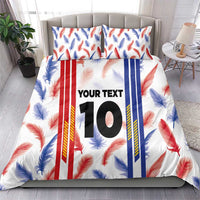 Duvet and pillowcases with white feather print and vertical stripe panels, custom “YOUR TEXT” 10