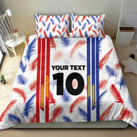 Duvet cover set with feather print and vertical stripe panels, featuring custom “YOUR TEXT” 10