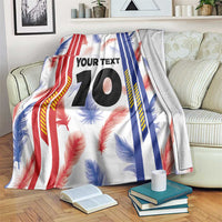 White custom jersey blanket with red blue stripes, feather print, "YOUR TEXT 10".
