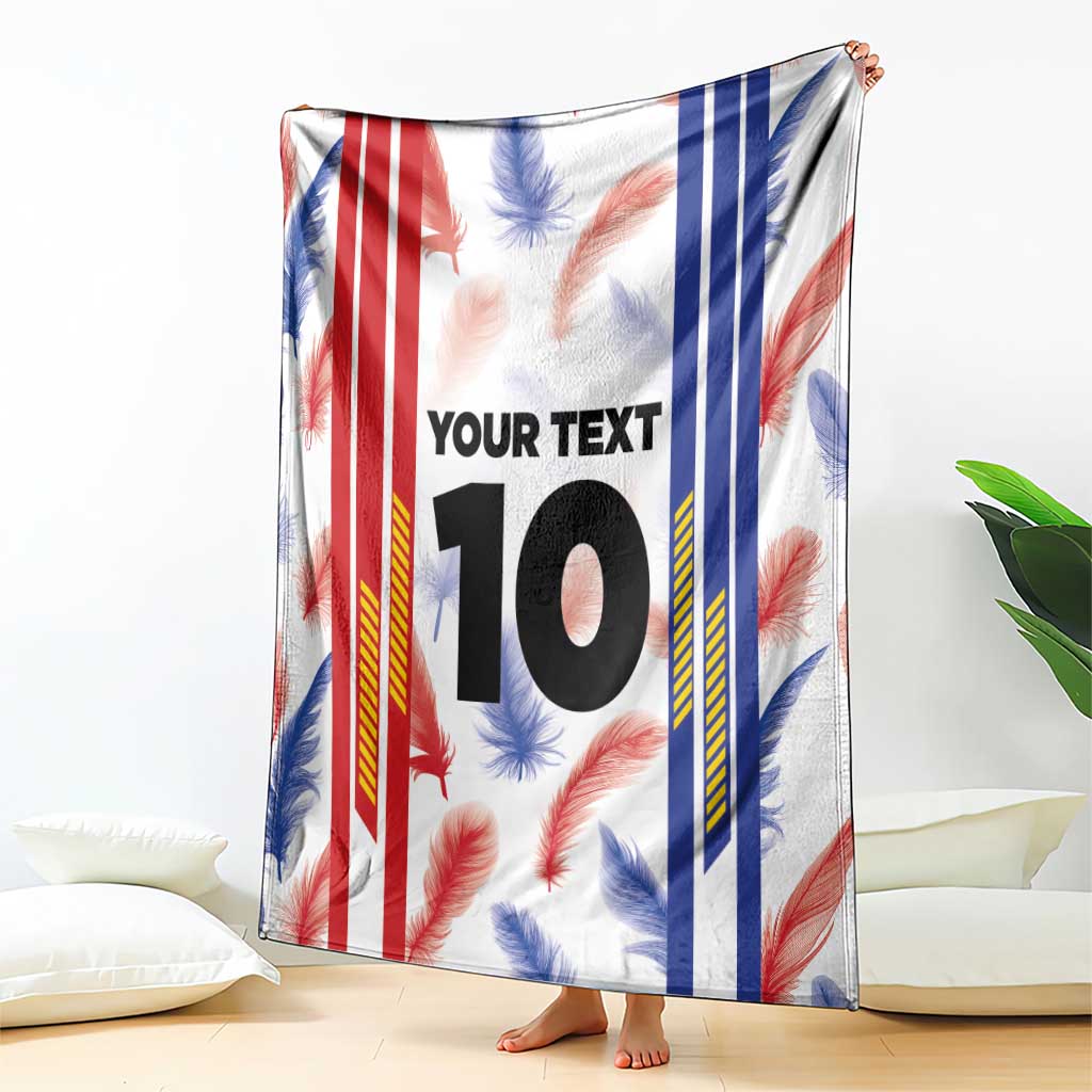 White custom jersey blanket with red and blue side stripes and feather pattern, "YOUR TEXT 10".