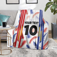 White custom jersey blanket with red and blue stripes, feather design, "YOUR TEXT 10".