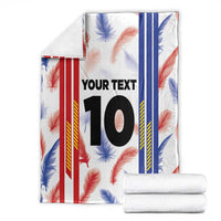 White custom jersey blanket with red blue stripe panels, feather print, "YOUR TEXT 10".