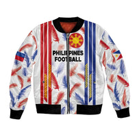 White bomber jacket with feather print, black ribbed cuffs, 'PHILIPPINES FOOTBALL' logo front