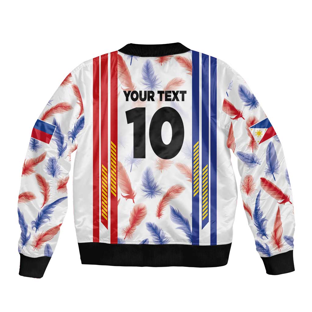 White bomber jacket with feather print, black ribbed cuffs, and large '10' front graphic
