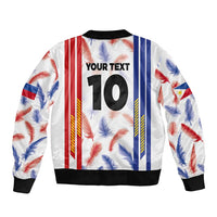 White bomber jacket with feather print, black ribbed cuffs, and large '10' front graphic