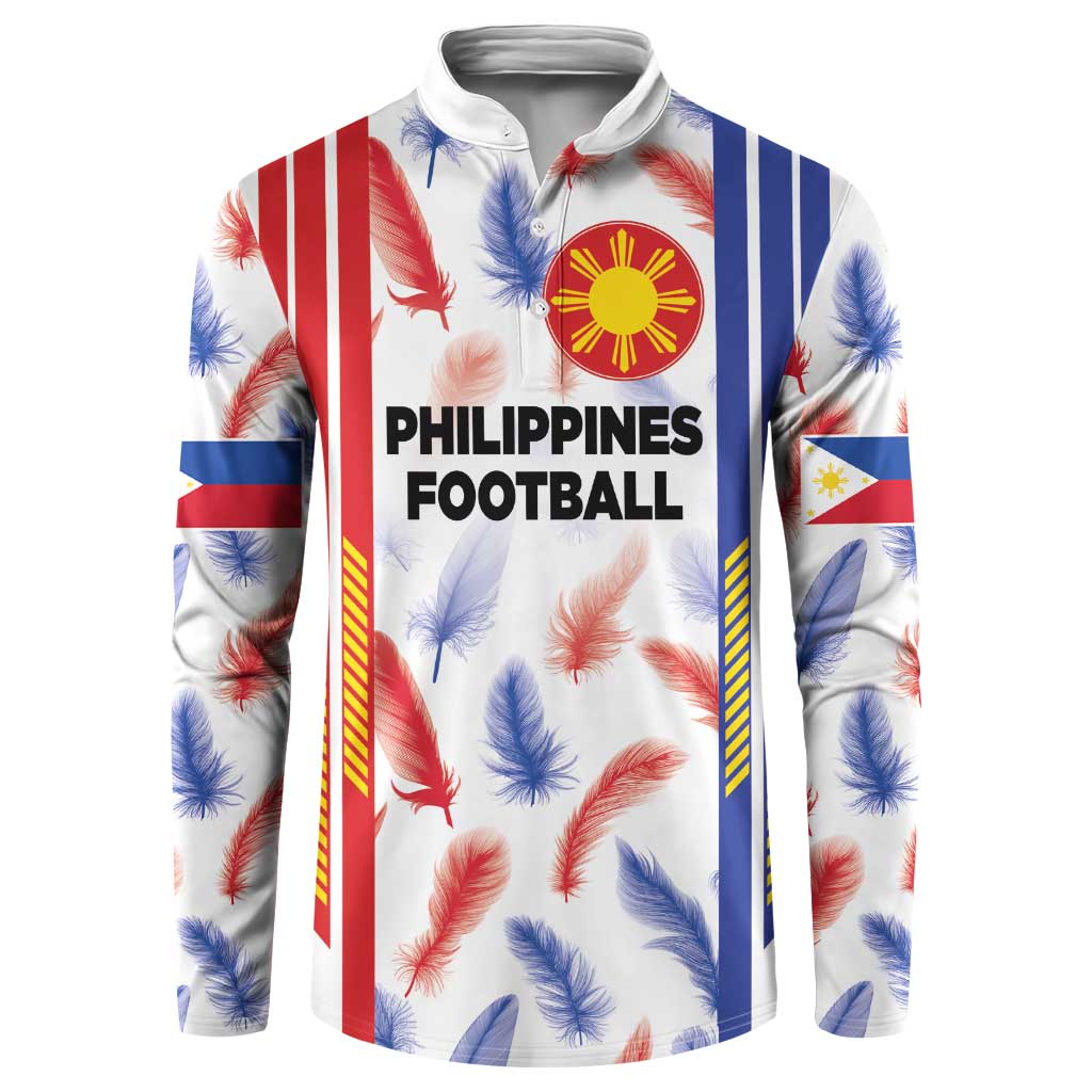White football jersey sweatshirt with Philippines FOOTBALL graphic, feather pattern, buttoned collar