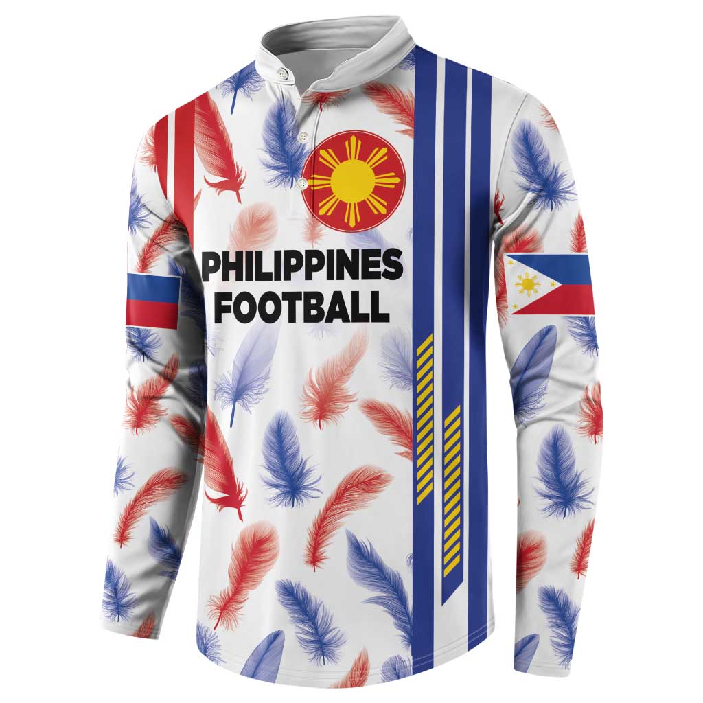 White football jersey sweatshirt with Philippines crest, feather pattern, buttoned collar
