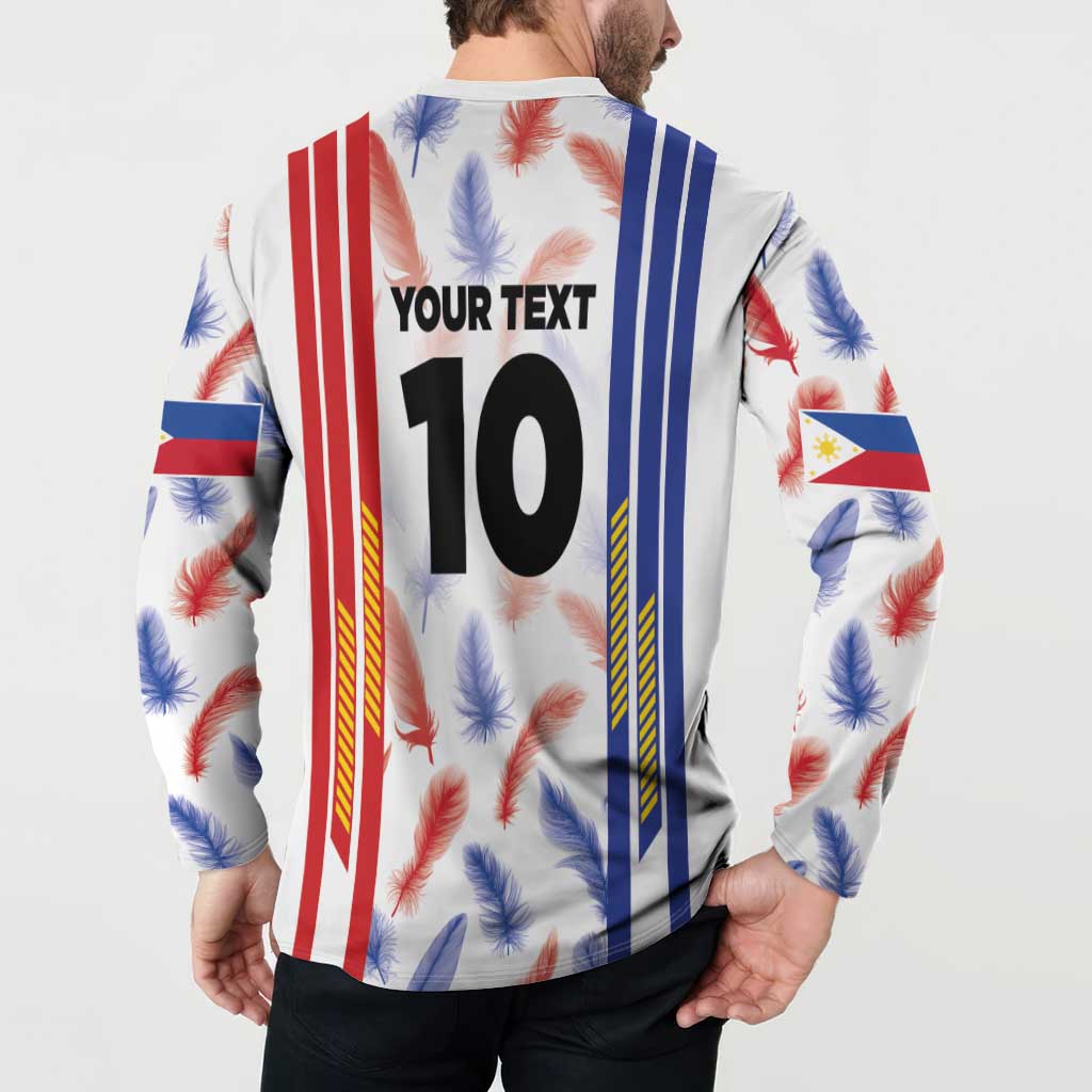 Back view football jersey sweatshirt with red/blue stripes, feather print, YOUR TEXT and 10