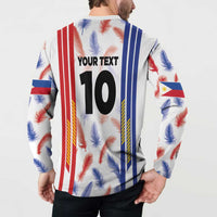 Back view football jersey sweatshirt with red/blue stripes, feather print, YOUR TEXT and 10