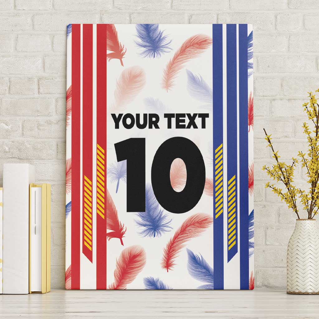 Canvas wall art leaning against brick wall, feather pattern with custom text and number 10