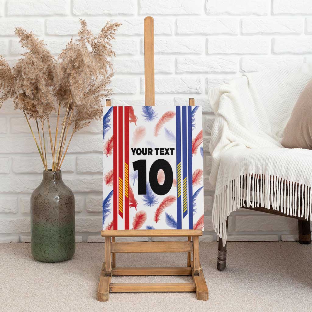 Canvas wall art on wooden easel, red and blue feather design with custom text and number 10