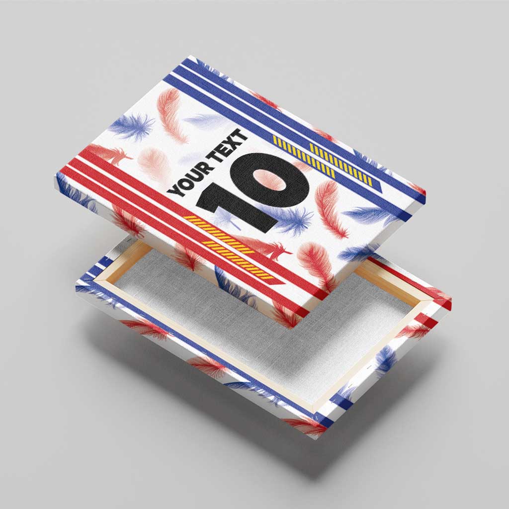 Canvas wall art on stacked supports, red and blue feather design with number 10