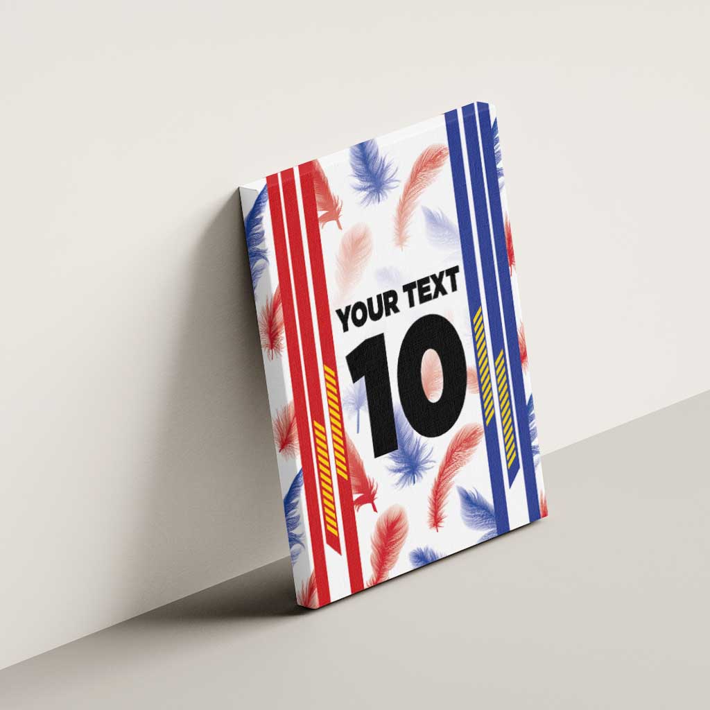 Canvas wall art on edge, red and blue feather design with custom text and number 10