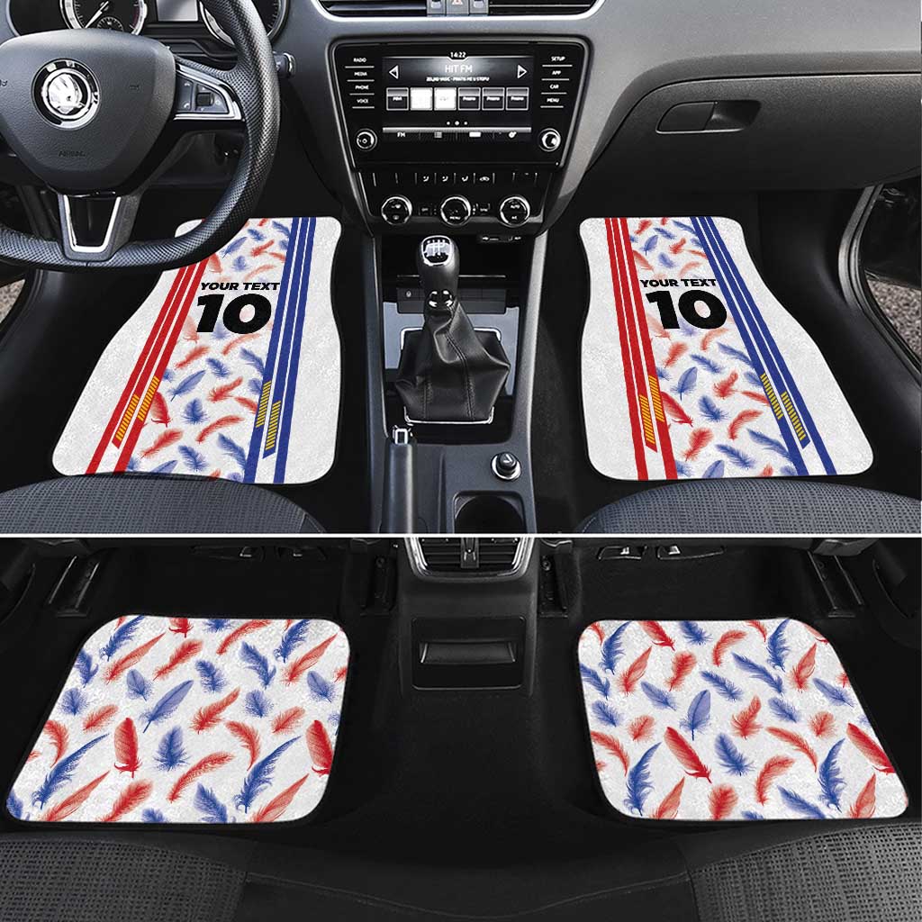 Set of four car floor mats with red/blue feather pattern and centered '10' on each