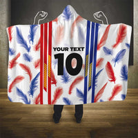 Hooded football-style blanket, feather print with red/blue stripes, 'YOUR TEXT' 10 front