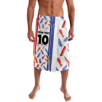 White tropical feather football shorts with blue-red side stripes, elastic waistband, number 10
