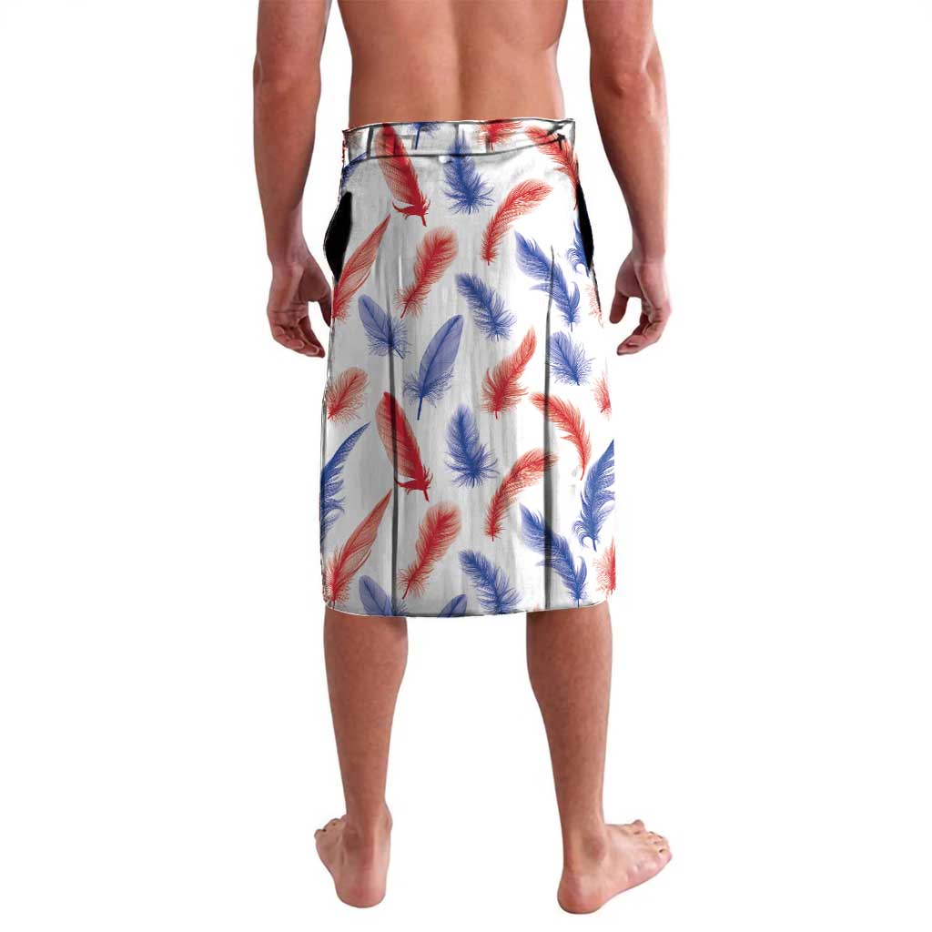 White tropical feather football shorts, elastic waistband, vertical blue/red trim, back view