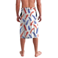 White tropical feather football shorts, elastic waistband, vertical blue/red trim, back view