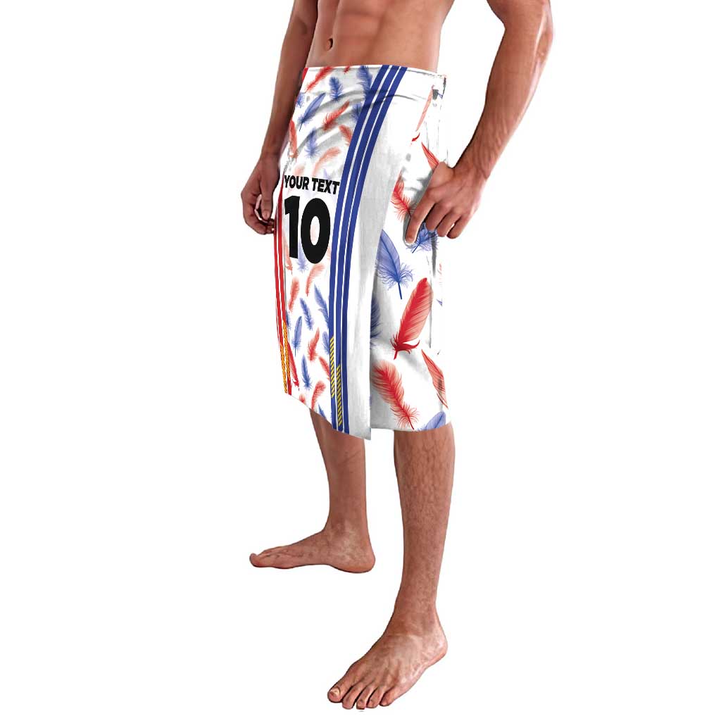 White tropical feather football shorts with blue/red vertical stripes and number 10, side view