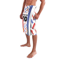 White tropical feather football shorts with blue/red vertical stripes and number 10, side view
