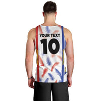 Men's football tank top back view with YOUR TEXT and large 10, feather pattern and stripes