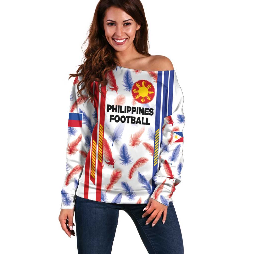 Off-shoulder football sweater in white with Philippines crest and red/blue feather print